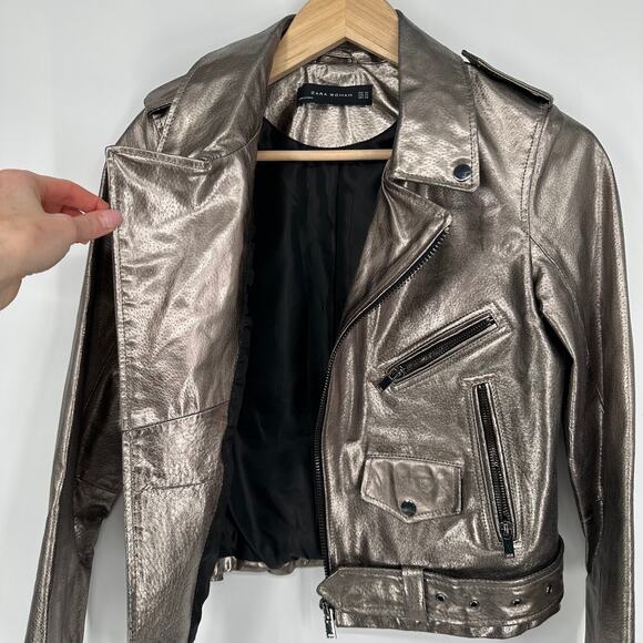 ZARA Genuine Leather Jacket Silver Metallic Belted Moto Biker Jacket - Picture 13 of 16
